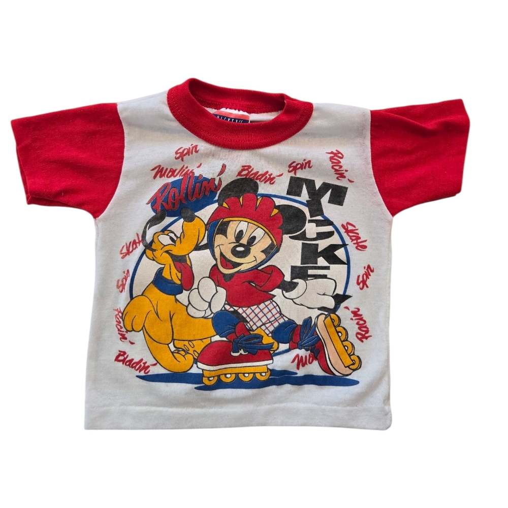 Vintage 1990s Disney Mickey Mouse Rollerblading Red and White T-shirt